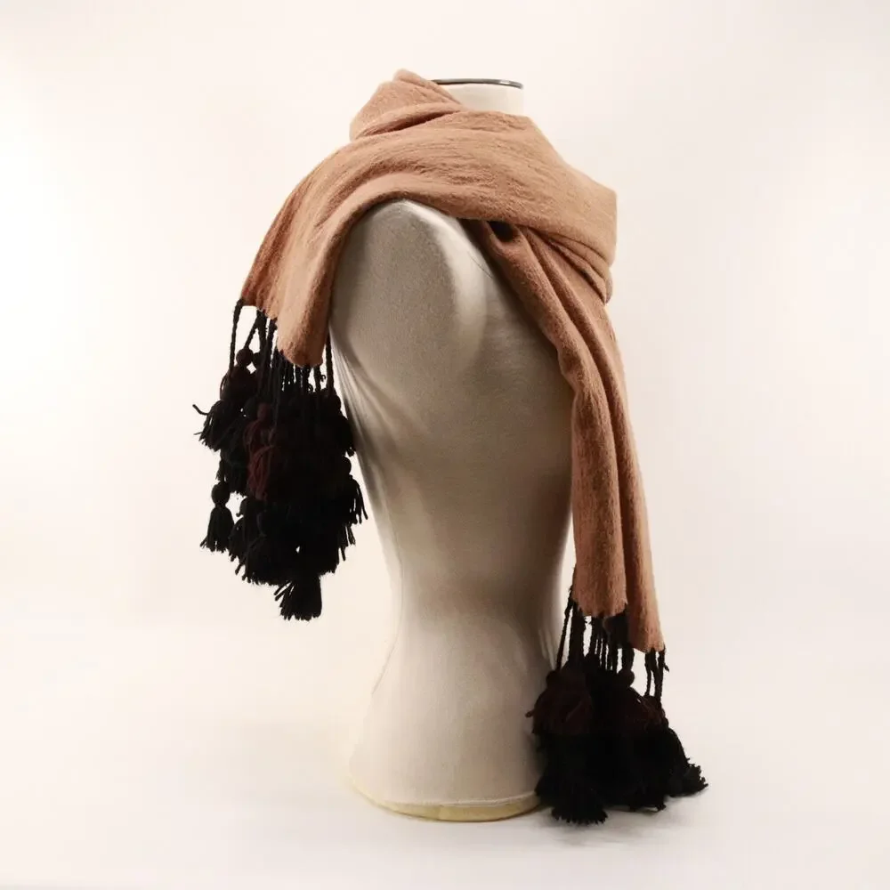 Vintage Paul Martin Worsted Wool Scarf Brown Black Double Layered Tassel Fringe